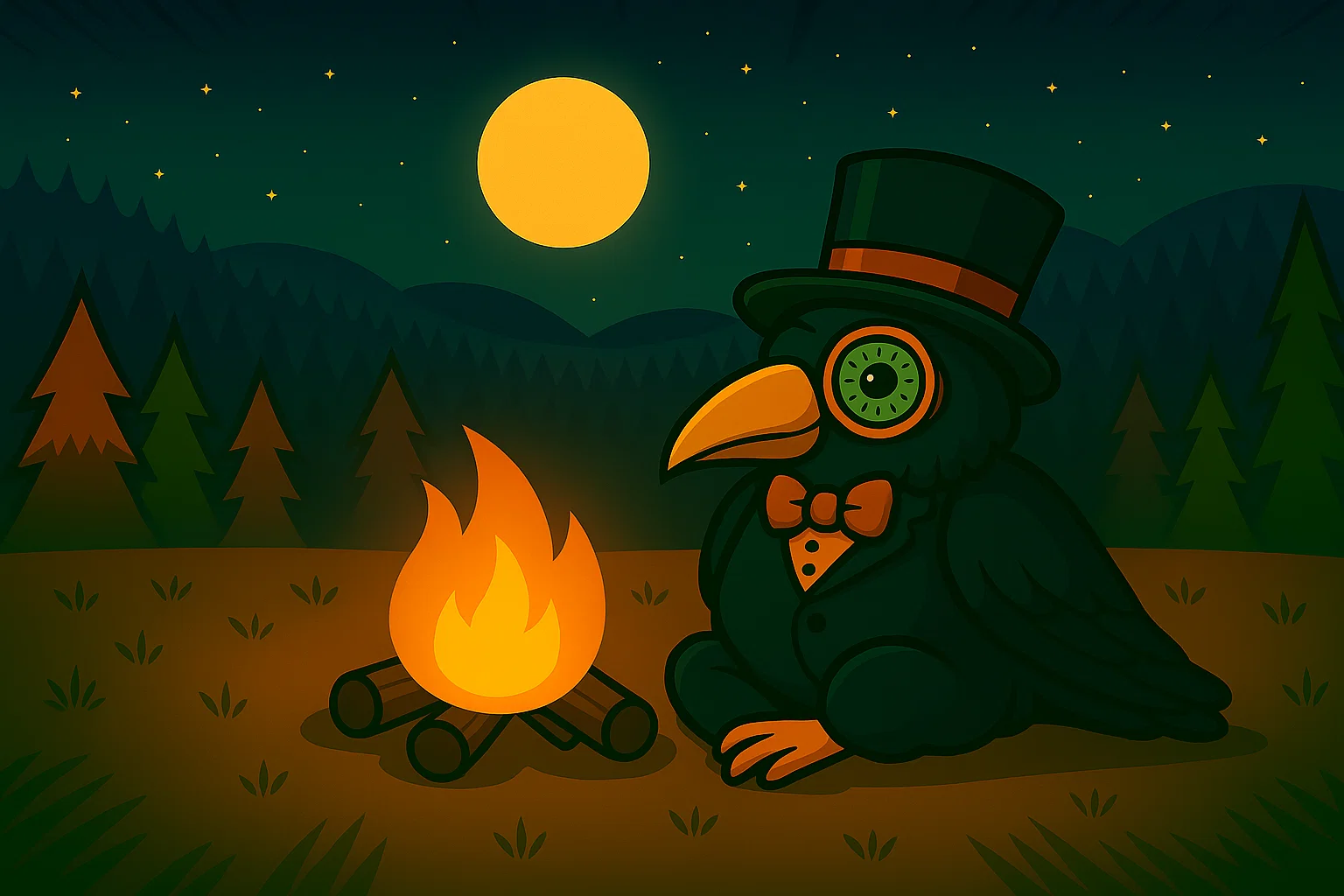 Kiwi crow by campfire