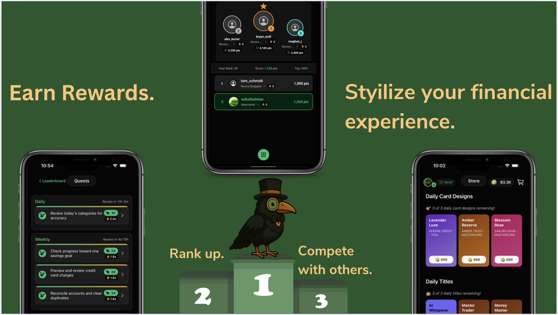 Kiwi app image featuring leaderboard, quests, and rewards screens