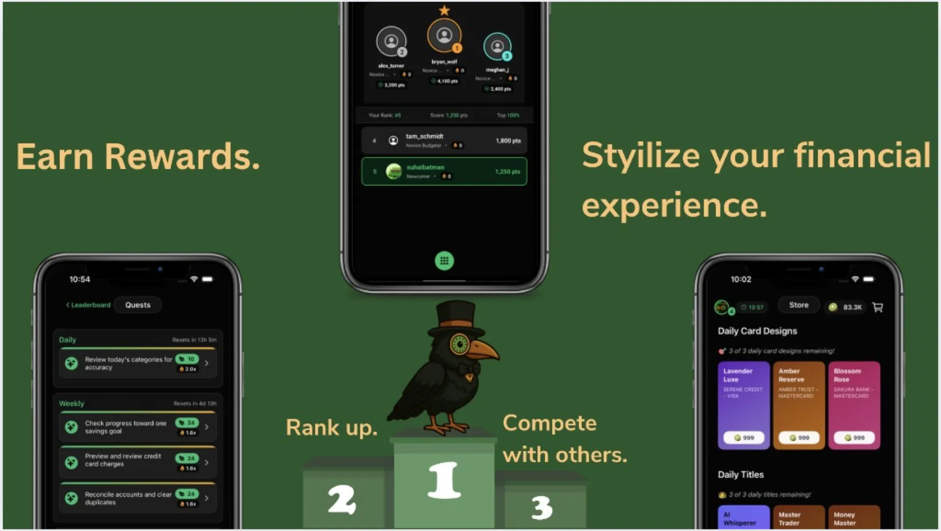 Kiwi quests, leaderboard, and store — earn rewards, rank up, and stylize your financial experience
