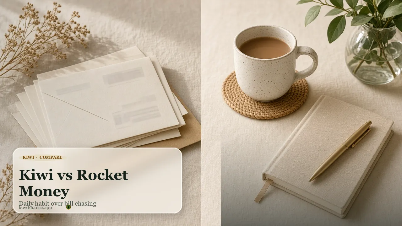 Bills vs morning habit still-life — Kiwi vs Rocket Money