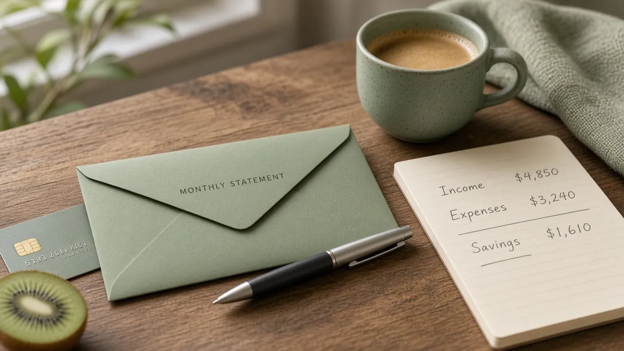 Statement envelope and pen on a desk — Kiwi credit card payment review