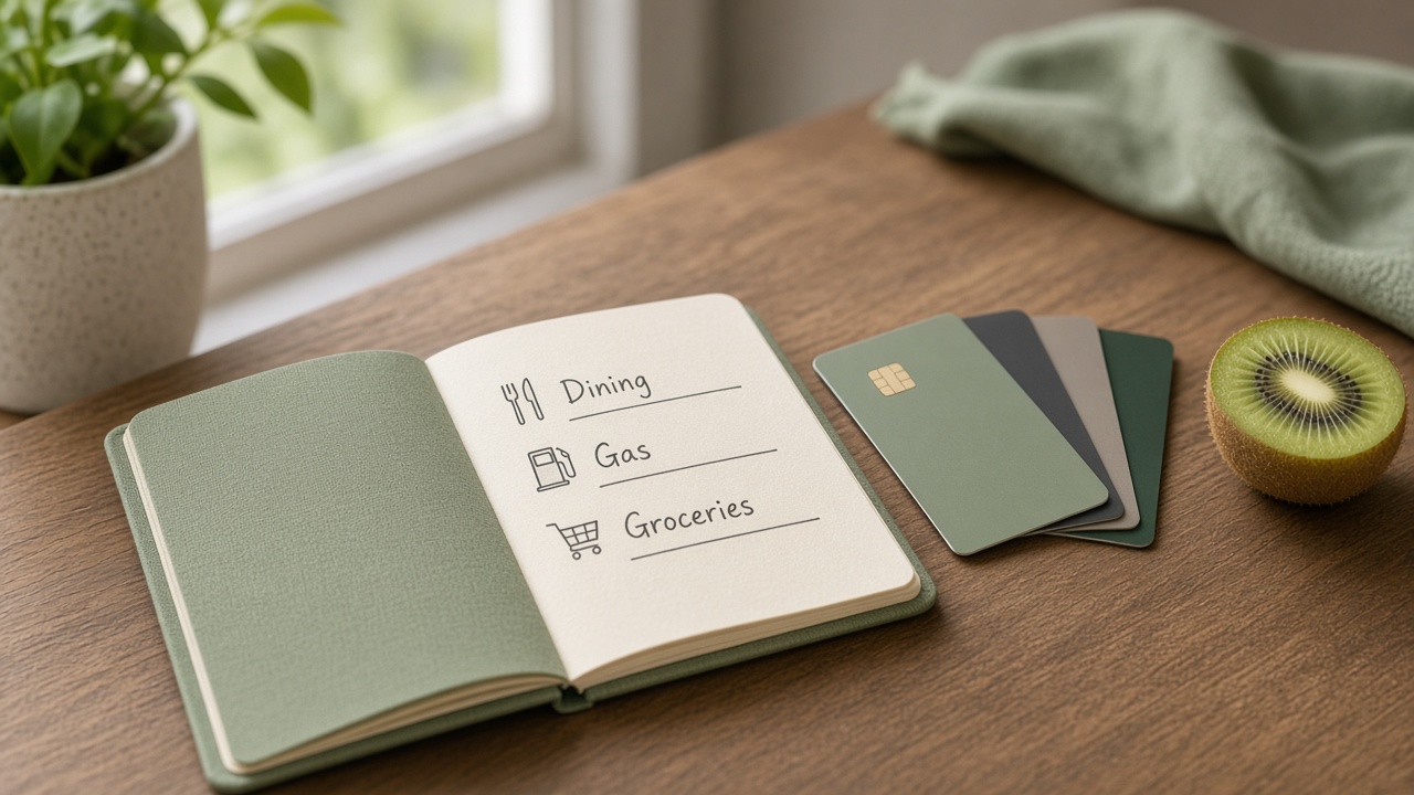 Credit cards and category notes on a desk — Kiwi Credit Card Perks