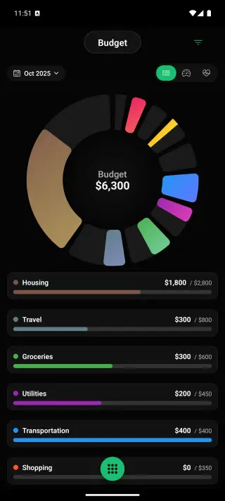 Kiwi budget screen with category pacing and progress bars