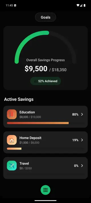 Kiwi goals screen with progress toward savings targets
