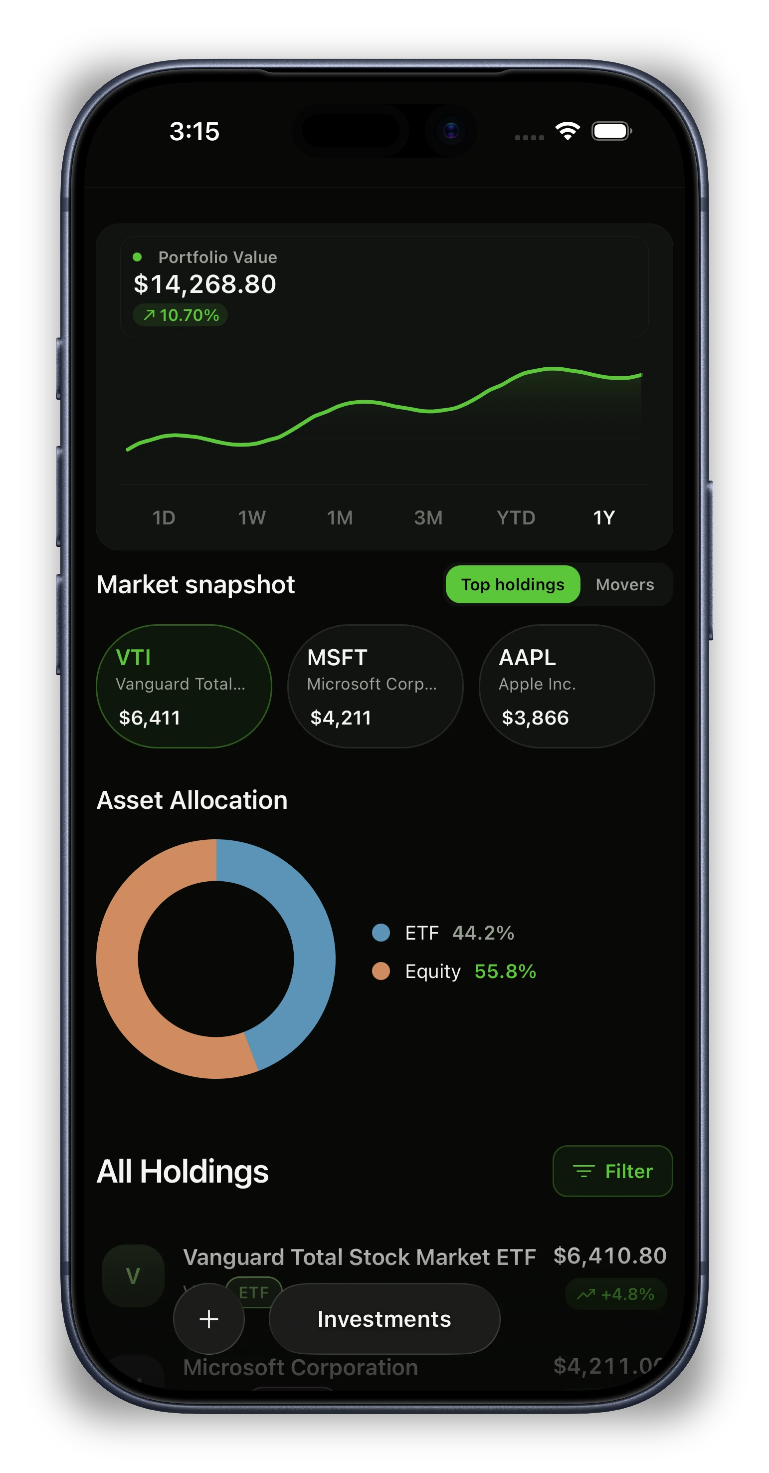 Kiwi Finance investments screen with holdings and allocation breakdown