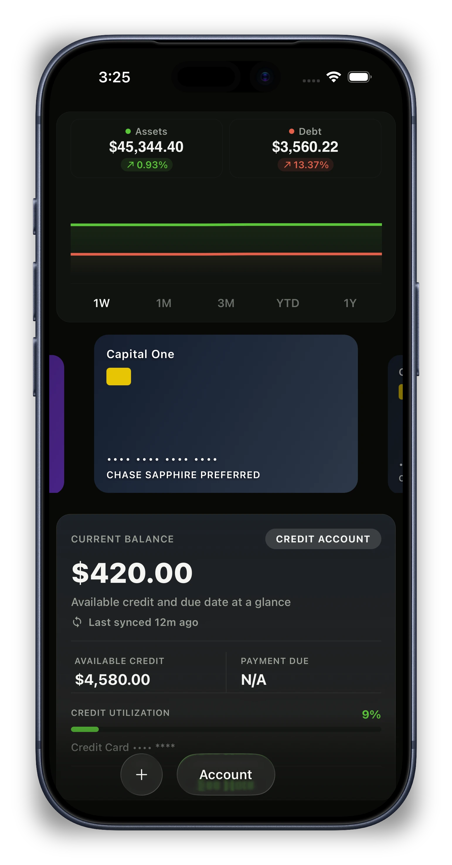 Kiwi Finance net worth screen with cash, credit cards, and investment totals