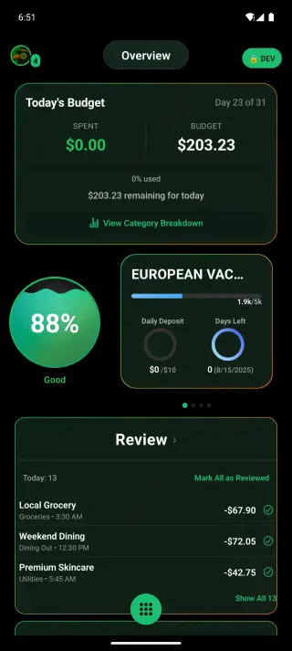 Kiwi overview screen with balances and recent activity